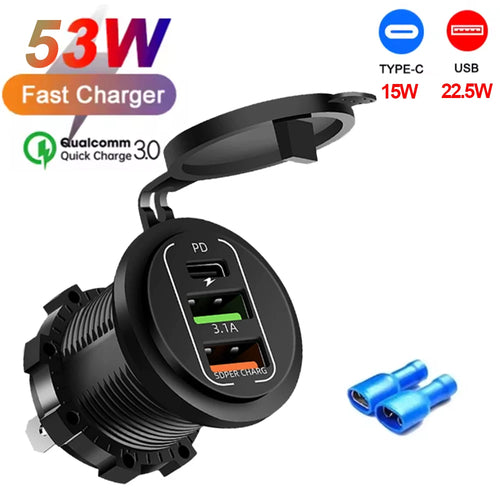NEW 117W Dual PD Dual QC 3.0 USB Car Charger with Voltmeter Socket