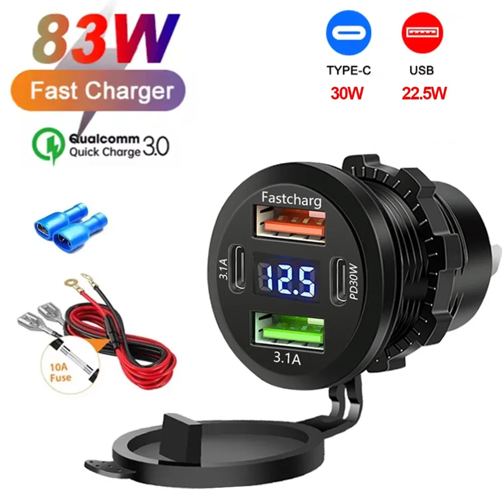 NEW 117W Dual PD Dual QC 3.0 USB Car Charger with Voltmeter Socket