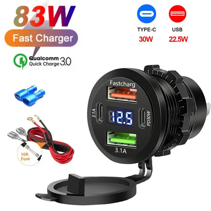 NEW 117W Dual PD Dual QC 3.0 USB Car Charger with Voltmeter Socket