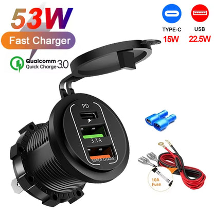 NEW 117W Dual PD Dual QC 3.0 USB Car Charger with Voltmeter Socket