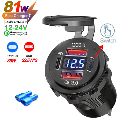 NEW 117W Dual PD Dual QC 3.0 USB Car Charger with Voltmeter Socket