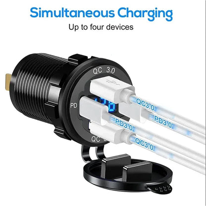 NEW 117W Dual PD Dual QC 3.0 USB Car Charger with Voltmeter Socket