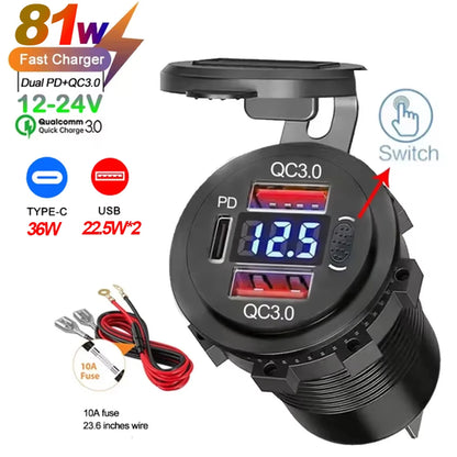 NEW 117W Dual PD Dual QC 3.0 USB Car Charger with Voltmeter Socket