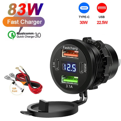 NEW 117W Dual PD Dual QC 3.0 USB Car Charger with Voltmeter Socket