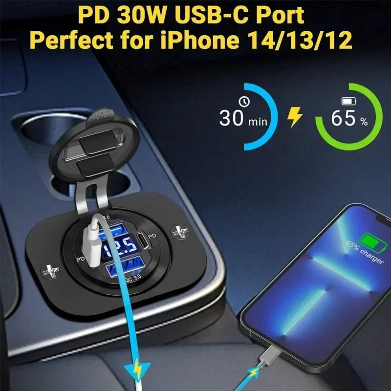 NEW 117W Dual PD Dual QC 3.0 USB Car Charger with Voltmeter Socket