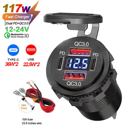 NEW 117W Dual PD Dual QC 3.0 USB Car Charger with Voltmeter Socket