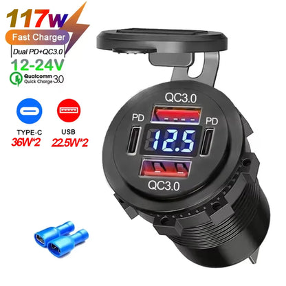 NEW 117W Dual PD Dual QC 3.0 USB Car Charger with Voltmeter Socket