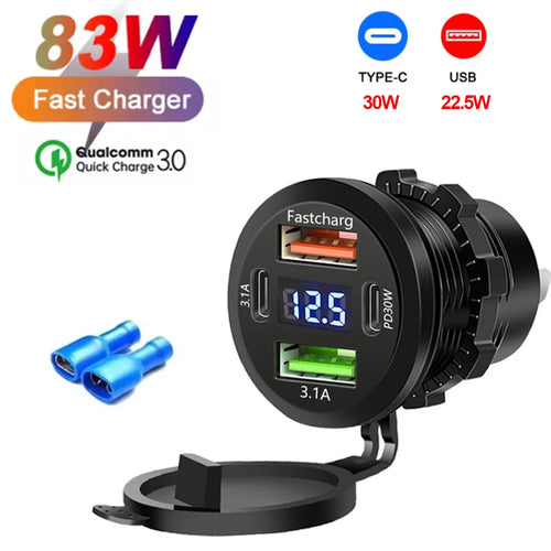 NEW 117W Dual PD Dual QC 3.0 USB Car Charger with Voltmeter Socket