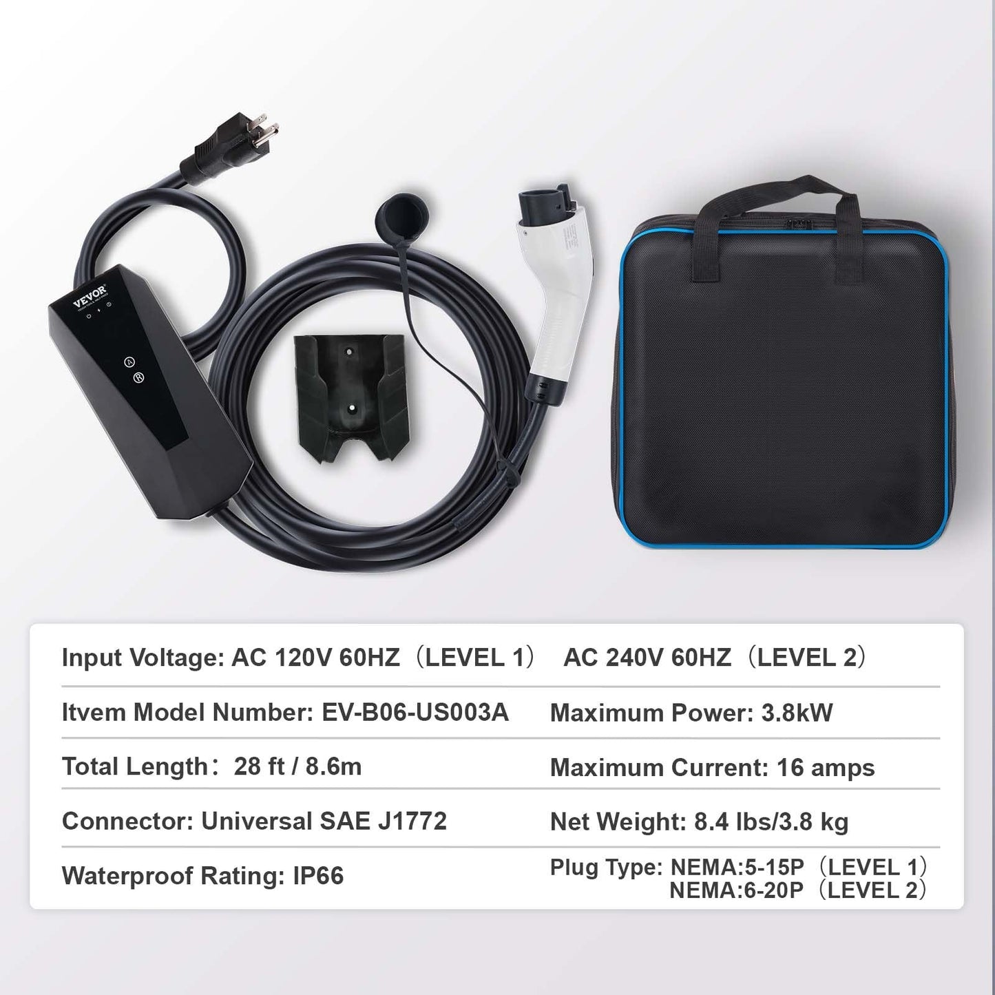 Portable EV Charger, 16 Amp 120V Or 240V, Electric Vehicle Charger