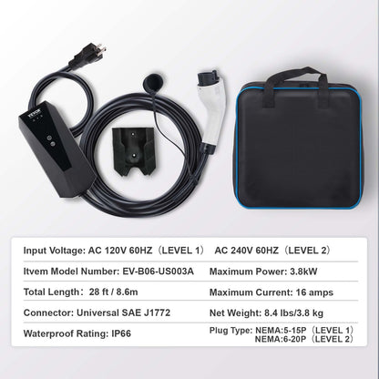 Portable EV Charger, 16 Amp 120V Or 240V, Electric Vehicle Charger